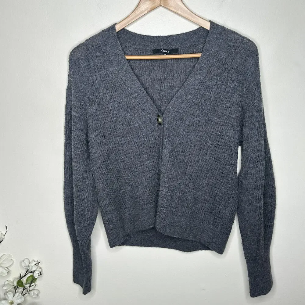 QUINCE Baby Alpaca-Wool Cropped Cardigan Sweater Charcoal Gray Sz M {3N36} - Picture 2 of 5
